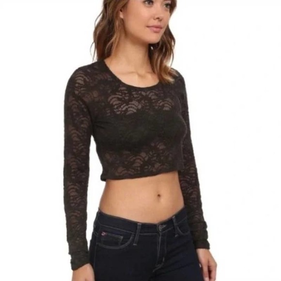CHASER Lace Long Sleeve Crop Top Size XS NWT Sheer Grey Black Sexy Club Party - Picture 1 of 6